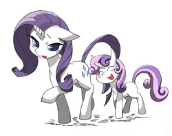 Size: 900x714 | Tagged: safe, artist:8->, derpibooru import, rarity, sweetie belle, pony, unicorn, duo, duo female, female, filly, floppy ears, mare, open mouth, pixiv, siblings, sisters