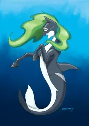 Size: 1100x1543 | Tagged: safe, artist:baron engel, derpibooru import, oc, oc:marina (efnw), unofficial characters only, merpony, orca, orca pony, original species, clothes, everfree northwest, female, image, jpeg, mare, open mouth, smiling, underwater