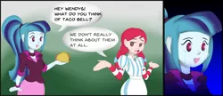 Size: 2500x1080 | Tagged: safe, artist:7los7, derpibooru import, sonata dusk, equestria girls, rainbow rocks, clothes, crying, dialogue, duo, food, sad, smiling, smug wendy's, speech bubble, taco, taco bell, that girl sure loves tacos, wendy's