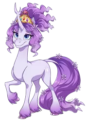 Size: 1000x1400 | Tagged: safe, artist:heilos, derpibooru import, tree of harmony, oc, oc:harmony (heilos), ponified, unofficial characters only, classical unicorn, pony, unicorn, big crown thingy, cloven hooves, element of generosity, element of honesty, element of kindness, element of laughter, element of loyalty, element of magic, elements of harmony, female, flower, flower in hair, jewelry, leonine tail, mare, raised hoof, regalia, simple background, smiling, solo, transparent background, unshorn fetlocks