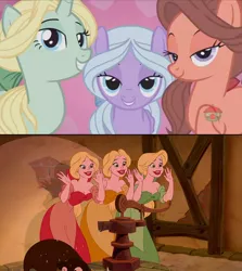 Size: 1236x1388 | Tagged: safe, derpibooru import, edit, screencap, dear darling, fond feather, swoon song, pony, hard to say anything, beauty and the beast, bimbettes, bimbettes (beauty and the beast), comparison, disney