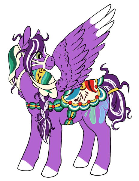 Size: 735x952 | Tagged: safe, artist:quoting_mungo, derpibooru import, oc, oc:mirror image, unofficial characters only, pegasus, pony, bridle, clothes, costume, dalahäst, saddle, simple background, solo, tack, white background