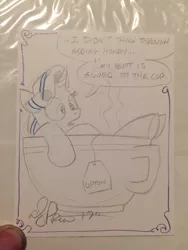 Size: 768x1024 | Tagged: safe, artist:andypriceart, artist:ramivic, derpibooru import, starlight glimmer, pony, unicorn, cup, cup of pony, female, food, honey, lipton's tea, mare, micro, monochrome, solo, stuck, teacup, traditional art