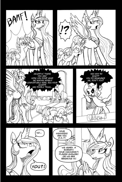 Size: 3309x4929 | Tagged: safe, artist:leon-z, derpibooru import, lord tirek, princess celestia, trixie, oc, oc:thunderbolt, alicorn, pony, comic:returns endings & beginnings, absurd resolution, comic, female, mare, possessed