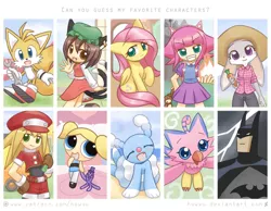 Size: 1350x1050 | Tagged: annie, artist:howxu, batman, biyomon, brionne, bubbles (powerpuff girls), chen, chibi, crossover, derpibooru import, digimon, fluttershy, judy hopps, league of legends, meme, miles "tails" prower, piyomon, pokémon, roll caskett, safe, sonic the hedgehog (series), touhou, zootopia