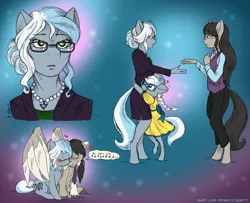 Size: 1300x1058 | Tagged: anthro, artist:kaemantis, blushing, clothes, derpibooru import, dress, eyes closed, female, glasses, headcanon, heart, hug, jewelry, mother and child, mother and daughter, mother's day, music notes, necklace, oc, oc:octavia's mother, oc:sand dollar, oc:silver sonnet, octavia melody, offspring, one eye closed, pearl necklace, safe, shirt, silver spoon, sitting, smiling, unguligrade anthro, vest