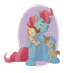 Size: 2058x2087 | Tagged: safe, artist:artikit, derpibooru import, cup cake, pound cake, pumpkin cake, pony, cake twins, embrace, eyes closed, female, male, mother and child, mother and daughter, mother and son, mother's day, siblings, simple background, smiling, twins