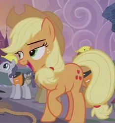 Size: 648x693 | Tagged: safe, derpibooru import, screencap, applejack, jack hammer, rivet, steam roller (character), pony, honest apple, cropped, solo focus