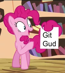 Size: 717x810 | Tagged: safe, derpibooru import, edit, edited screencap, screencap, pinkie pie, pony, three's a crowd, cropped, dark souls, exploitable meme, git gud, meme, pinkie's exciting flyer, prehensile tail, solo, tail hold