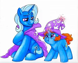 Size: 2018x1641 | Tagged: safe, artist:pitterpaint, derpibooru import, trixie, oc, pony, unicorn, female, mare, mother's day, offspring, parent:flam, parent:trixie, parents:flamtrix, traditional art