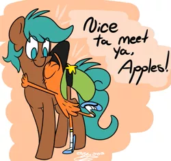 Size: 595x560 | Tagged: safe, artist:espeonna, derpibooru import, oc, oc:apples, unofficial characters only, pony, happy, hug, smiling, wander (wander over yonder), wander over yonder