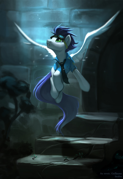 Size: 1297x1883 | Tagged: safe, artist:imalou, derpibooru import, soarin', pegasus, pony, clothes, crying, flying, goggles, in memoriam, looking up, male, memorial, necktie, sad, shirt, solo, spread wings, stallion, wings