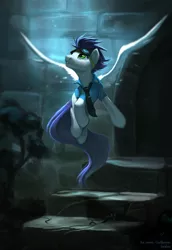 Size: 1297x1883 | Tagged: safe, artist:imalou, derpibooru import, soarin', pegasus, pony, clothes, crying, flying, goggles, in memoriam, looking up, male, memorial, necktie, sad, shirt, solo, spread wings, stallion, wings