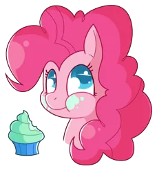 Size: 664x729 | Tagged: safe, artist:amazingmollusk, derpibooru import, pinkie pie, earth pony, pony, aweeg*, bust, colored pupils, cupcake, cute, diapinkes, eating, female, food, happy, mare, messy eating, pie daily, portrait, simple background, solo, transparent background