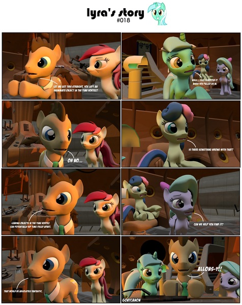 Size: 3928x4952 | Tagged: safe, artist:goatcanon, derpibooru import, bon bon, doctor whooves, flitter, lyra heartstrings, roseluck, sweetie drops, time turner, pony, comic:lyra's story, 3d, absurd resolution, allons-y, comic, crossover, doctor who, male, source filmmaker, stallion, tardis