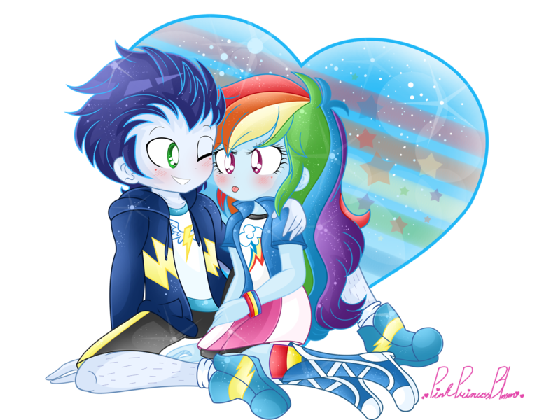 Size: 1280x989 | Tagged: safe, artist:pinkprincessblossom, derpibooru import, rainbow dash, soarin', equestria girls, blushing, boots, clothes, compression shorts, cute, dashabetes, equestria girls-ified, female, heart, male, multicolored hair, one eye closed, rainbow, shipping, shoes, shorts, simple background, skirt, smiling, soarindash, straight, tongue out, transparent background, wink