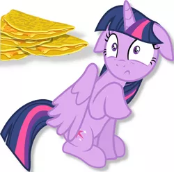 Size: 1360x1350 | Tagged: safe, derpibooru import, twilight sparkle, twilight sparkle (alicorn), alicorn, pony, floppy ears, food, quesadilla, scared, shocked, simple background, solo, they're just so cheesy, turophobia, white background