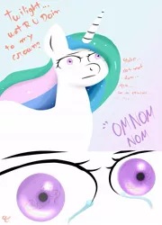 Size: 821x1141 | Tagged: safe, artist:elenminah, derpibooru import, princess celestia, twilight sparkle, alicorn, pony, :|, comic, crown, crying, eating, eye, eyes, female, jewelry, mare, nom, pica, pure unfiltered evil, reflection, regalia, stahp, wat, wide eyes