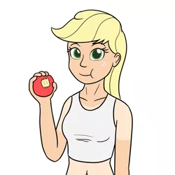 Size: 1280x1280 | Tagged: safe, artist:mkogwheel, derpibooru import, applejack, human, apple, belly button, blonde, clothes, farmer's tan, female, food, freckles, hatless, humanized, midriff, missing accessory, simple background, solo, tan, tan lines, tanktop, white background