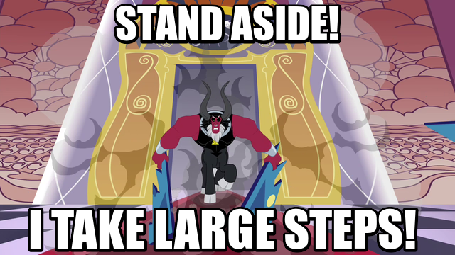 Size: 640x360 | Tagged: a funny thing happened on the way to the forum, caption, centaur, cloven hooves, derpibooru import, destruction, dust cloud, edit, edited screencap, image macro, large ham, lord tirek, male, meme, safe, screencap, solo, text, throne room, twilight's kingdom