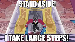 Size: 640x360 | Tagged: a funny thing happened on the way to the forum, caption, centaur, cloven hooves, derpibooru import, destruction, dust cloud, edit, edited screencap, image macro, large ham, lord tirek, male, meme, safe, screencap, solo, text, throne room, twilight's kingdom