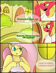 Size: 765x990 | Tagged: anthro, applejack's hat, artist:simplyshivers, big macintosh, chubby, comic, comic:craving an apple or two, cowboy hat, derpibooru import, flutterpred, fluttershy, hat, imminent vore, safe