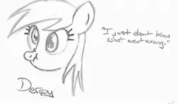 Size: 993x584 | Tagged: safe, artist:chronicle23, derpibooru import, derpy hooves, pony, female, i just don't know what went wrong, mare, monochrome, quote, scrunchy face, solo, text