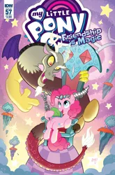 Size: 1054x1600 | Tagged: safe, artist:tonyfleecs, derpibooru import, idw, discord, pinkie pie, earth pony, pony, equestria daily, spoiler:comic, spoiler:comic57, chaos, cover, crown, discord's throne, duo, female, floating island, horn crown, jewelry, male, regalia, scepter, this will end in death, this will end in tears, this will end in tears and/or death, throne, xk-class end-of-the-world scenario