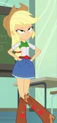Size: 236x503 | Tagged: safe, derpibooru import, screencap, applejack, equestria girls, equestria girls (movie), annoyed, applejack is not amused, applejack's hat, boots, chair, chalkboard, classroom, clothes, cowboy boots, cowboy hat, cropped, crossed legs, denim skirt, desk, female, freckles, hands in pockets, hat, lidded eyes, pose, shoes, skirt, solo, stetson, table, unamused