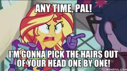 Size: 600x337 | Tagged: safe, derpibooru import, edit, edited screencap, screencap, sci-twi, sunset shimmer, twilight sparkle, equestria girls, friendship games, a bug's life, angry, caption, exploitable meme, image macro, meme, sunset yells at twilight, text