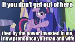 Size: 1920x1080 | Tagged: safe, derpibooru import, edit, edited screencap, screencap, twilight sparkle, twilight sparkle (alicorn), alicorn, pony, what about discord?, angry, caption, discovery family logo, image macro, meme, mermaid man and barnacle boy, pointing, solo, spongebob squarepants, text