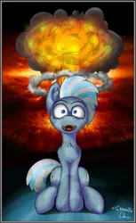 Size: 1202x1960 | Tagged: safe, artist:calena, derpibooru import, oc, oc:silicon chip (kaperon), unofficial characters only, crystal pony, pony, boom, explosion, mind blown, mushroom cloud, nuclear, poster, smoke, solo