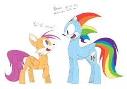 Size: 1280x900 | Tagged: safe, artist:ogaraorcynder, derpibooru import, rainbow dash, scootaloo, anthro, pony, crossover, duo, miles "tails" prower, sonic the hedgehog, sonic the hedgehog (series), sonicified, wat