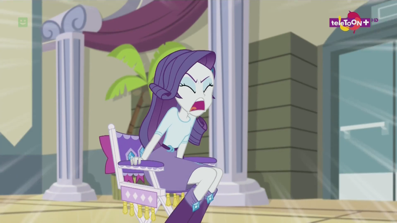 Size: 1136x638 | Tagged: safe, derpibooru import, screencap, rarity, dance magic, equestria girls, spoiler:eqg specials, canterlot high, chair, director's chair, eyes closed, female, palm tree, shouting rarity, solo, teletoon, tree