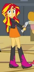 Size: 130x271 | Tagged: safe, derpibooru import, screencap, sunset shimmer, equestria girls, equestria girls (movie), boots, clipboard, clothes, cropped, doors, female, high heel boots, jacket, leather jacket, looking at you, pumpkin, raised leg, scared, shoes, skirt, solo