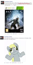 Size: 494x983 | Tagged: safe, derpibooru import, derpy hooves, human, pegasus, pony, :i, armor, derp, gamestop, gun, halo (series), looking at you, master chief, rifle, shrug, shrugpony, weapon
