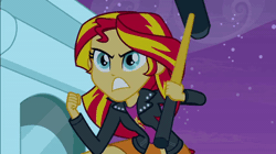 Size: 600x337 | Tagged: safe, derpibooru import, screencap, sunset shimmer, equestria girls, equestria girls (movie), animated, clothes, female, gif, hammer, jacket, leather jacket, loop, pouting, skirt, sledgehammer, solo, worried