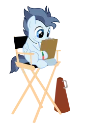 Size: 3225x4814 | Tagged: safe, artist:lostinthetrees, derpibooru import, oc, oc:silver span, unofficial characters only, pegasus, pony, absurd resolution, babscon, chair, clipboard, director's chair, high res, male, megaphone, simple background, sitting, solo, stallion, transparent background