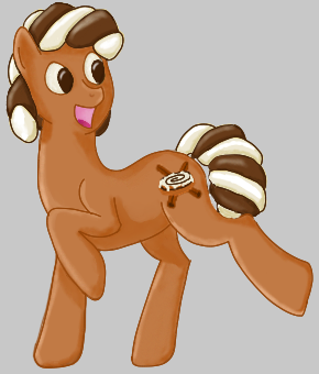 Size: 290x340 | Tagged: safe, artist:zephyr!, derpibooru import, oc, oc:cinnamon bun, unofficial characters only, pony, cinnamon bun, cinnamon sticks, food, gray background, looking back, low res image, over done subject, simple background, solo, trotting