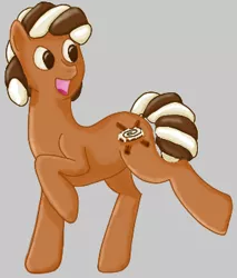 Size: 290x340 | Tagged: safe, artist:zephyr!, derpibooru import, oc, oc:cinnamon bun, unofficial characters only, pony, cinnamon bun, cinnamon sticks, food, gray background, looking back, low res image, over done subject, simple background, solo, trotting