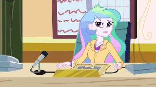 Size: 320x180 | Tagged: safe, derpibooru import, screencap, princess celestia, equestria girls, equestria girls (movie), celestia's office, female, gif, needs more resolution, non-animated gif, picture for breezies, principal celestia, reaction image, solo