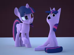 Size: 1600x1200 | Tagged: safe, artist:ashie, artist:creatorofpony, derpibooru import, twilight sparkle, twilight sparkle (alicorn), alicorn, pony, 3d, 3d model, :<>, abomination, blender, confused, derp, female, frown, mare, open mouth, purple background, raised hoof, simple background, sitting, wat, ◉◆◉