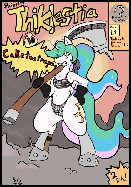 Size: 798x1142 | Tagged: suggestive, artist:cantershirecommons, derpibooru import, princess celestia, alicorn, pony, semi-anthro, amazon, armor, armpits, axe, chainmail bikini, dragon's crown, female, solo, solo female, thiklestia, unconvincing armor, weapon