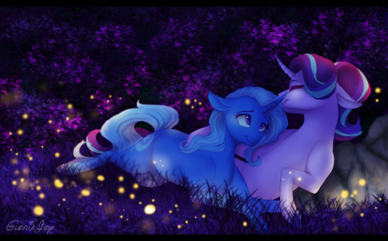 Size: 900x559 | Tagged: safe, artist:gloriajoy, derpibooru import, starlight glimmer, trixie, firefly (insect), insect, pony, unicorn, digital art, female, full body, grass, lesbian, love, mare, night, prone, shipping, snuggling, startrix