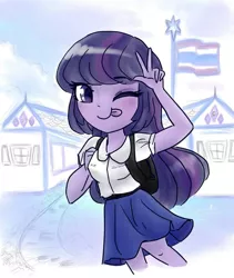 Size: 800x946 | Tagged: safe, artist:dressella, derpibooru import, twilight sparkle, human, equestria girls, ;p, clothes, flag, flag pole, one eye closed, pastel, peace sign, school bag, school uniform, shirt, skirt, sky, smiling, solo, student, thai, thailand, tongue out