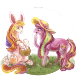 Size: 894x894 | Tagged: safe, artist:gloriaus, derpibooru import, sunny daze (g3), pony, bashful bonnet, basket, bunny ears, cute, easter, egg, g3, g3betes, hat, holiday, simple background, transparent background