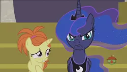 Size: 1920x1090 | Tagged: safe, derpibooru import, screencap, indian summer, princess luna, pony, a royal problem, :c, >:c, faic, female, filly, frown, grumpy luna, logo, luna is not amused, scared, scowl, treehouse, treehouse logo, unamused