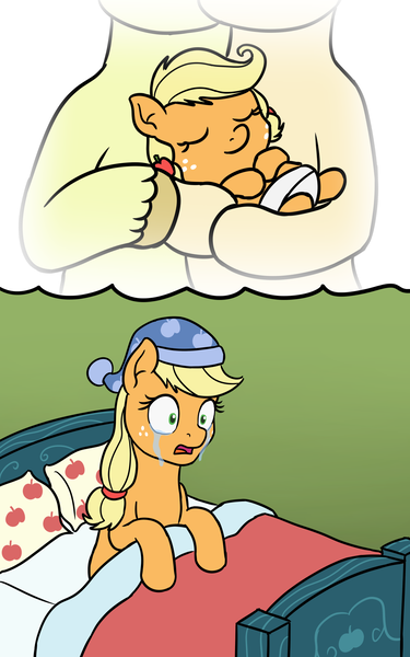 Size: 1280x2048 | Tagged: safe, artist:mkogwheel, derpibooru import, applejack, bright mac, pear butter, pony, a royal problem, applejack's parents, baby, baby pony, babyjack, brightbutter, crying, dream, dream orbs, feels, female, flashback, foal, fridge horror, male, nightmare, sad, shipping, straight, that was fast, younger