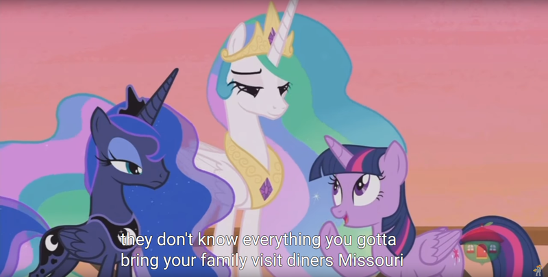 Size: 1920x970 | Tagged: safe, derpibooru import, edit, edited screencap, screencap, princess celestia, princess luna, twilight sparkle, twilight sparkle (alicorn), alicorn, pony, a royal problem, caption, female, mare, meme, missouri, youtube caption