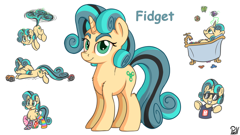 Size: 3840x2160 | Tagged: safe, artist:pirill, derpibooru import, oc, oc:fidget, ponified, unofficial characters only, object pony, original species, pony, unicorn, :p, :t, bathtub, cheek fluff, chest fluff, clothes, cute, eyes closed, falling, female, fidget spinner, floppy ears, fluffy, flying, frown, glowing horn, grin, gritted teeth, horn, levitation, lidded eyes, looking at you, looking up, magic, mare, mismatched socks, on back, pointing, prone, raised hoof, reference sheet, shirt, shoulder fluff, silly, simple background, smiling, smirk, socks, solo, striped socks, sunglasses, swegway, tailcopter, telekinesis, tongue out, wat, white background, 🅱